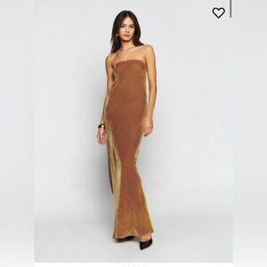 *worn once* Reformation Gold Velvet floor length strapless dress size medium